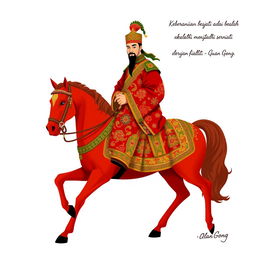 Guan Gong, the legendary Chinese general, is beautifully rendered on a red horse, wearing traditional Indonesian batik attire featuring vibrant and intricate Nusantara patterns