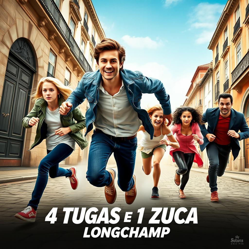 An action-packed movie poster for the film titled '4 Tugas e 1 Zuca: Longchamp'