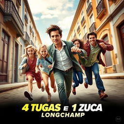 An action-packed movie poster for the film titled '4 Tugas e 1 Zuca: Longchamp'