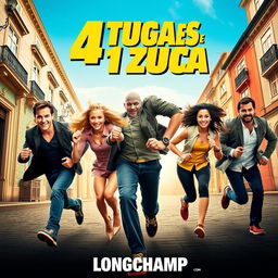 An action-packed movie poster for the film titled '4 Tugas e 1 Zuca: Longchamp'