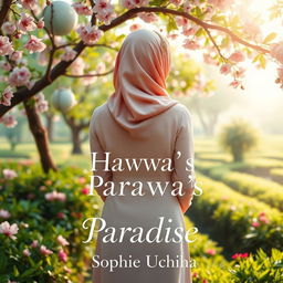 A book cover for 'Hawwa's Paradise' by Sophie Uchiha, featuring a gentle and serene scene symbolizing femininity, hope, purity, and modesty