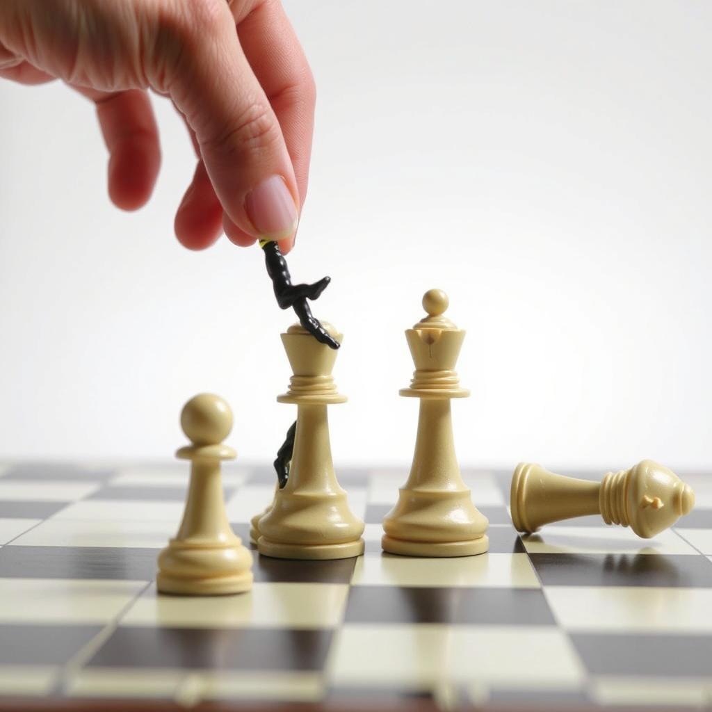 Four chess pieces are placed on a chessboard, with a person standing on top of them, being moved by another person