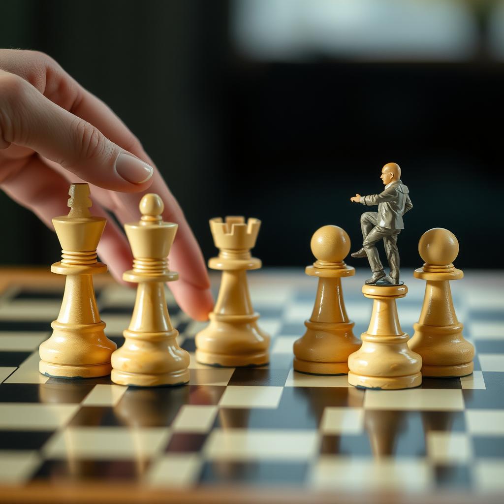 Four chess pieces are placed on a chessboard, with a person standing on top of them, being moved by another person