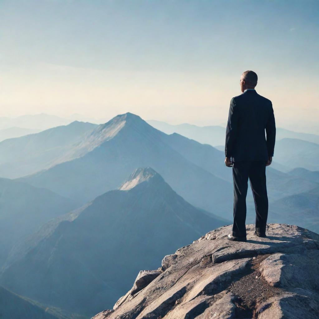 Create a visually striking poster emphasizing the concept of leadership. Include prominent text about leadership qualities, an inspiring backdrop and symbolic artwork, such as a person standing on a mountain top.