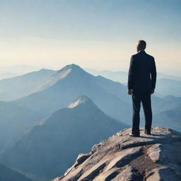 Create a visually striking poster emphasizing the concept of leadership. Include prominent text about leadership qualities, an inspiring backdrop and symbolic artwork, such as a person standing on a mountain top.