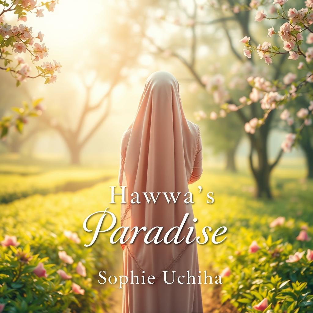 A book cover for 'Hawwa's Paradise' by Sophie Uchiha, featuring a gentle and serene scene symbolizing femininity, hope, purity, and modesty