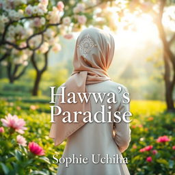 A book cover for 'Hawwa's Paradise' by Sophie Uchiha, featuring a gentle and serene scene symbolizing femininity, hope, purity, and modesty