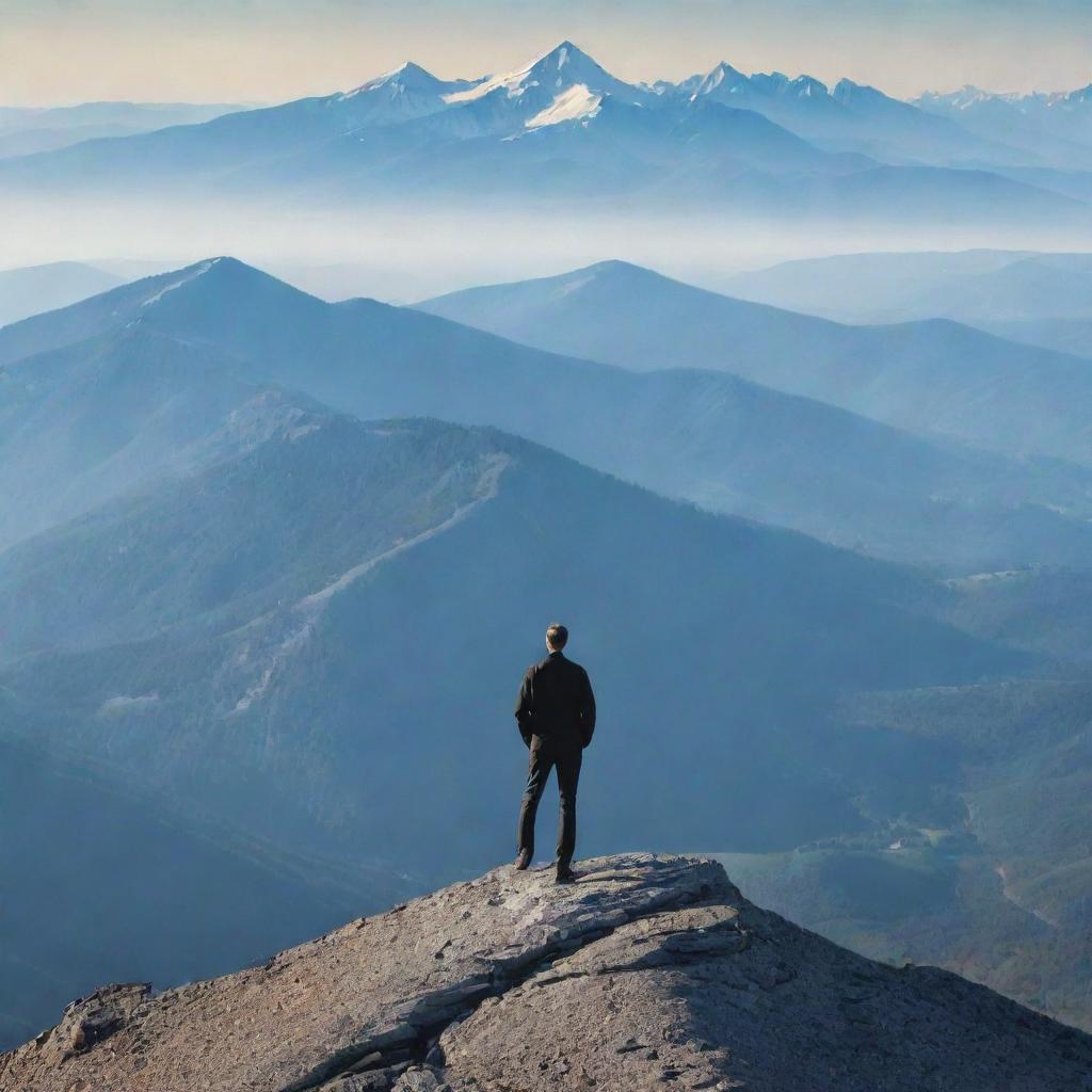 Create a visually striking poster emphasizing the concept of leadership. Include prominent text about leadership qualities, an inspiring backdrop and symbolic artwork, such as a person standing on a mountain top.