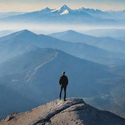 Create a visually striking poster emphasizing the concept of leadership. Include prominent text about leadership qualities, an inspiring backdrop and symbolic artwork, such as a person standing on a mountain top.