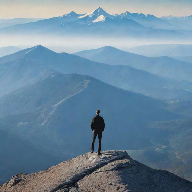 Create a visually striking poster emphasizing the concept of leadership. Include prominent text about leadership qualities, an inspiring backdrop and symbolic artwork, such as a person standing on a mountain top.