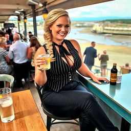 A curvy blonde woman with hair styled in a sexy plait, sitting in a cafe overlooking the beach at Lyme Regis