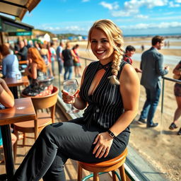 A curvy blonde woman with hair styled in a sexy plait, sitting in a cafe overlooking the beach at Lyme Regis