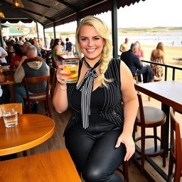 A curvy blonde woman with hair styled in a sexy plait, sitting in a cafe overlooking the beach at Lyme Regis