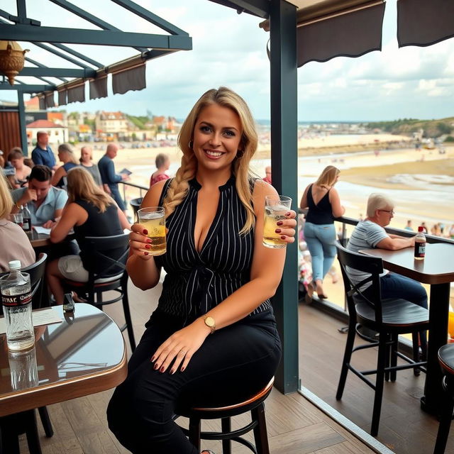 A curvy blonde woman with hair styled in a sexy plait, sitting in a cafe overlooking the beach at Lyme Regis