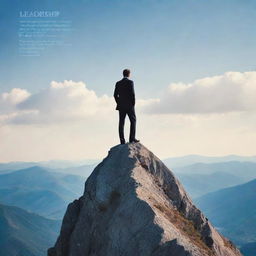 Create a visually striking poster emphasizing the concept of leadership. Include prominent text about leadership qualities, an inspiring backdrop and symbolic artwork, such as a person standing on a mountain top.