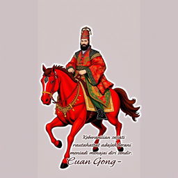 Guan Gong, the legendary Chinese general, is majestically portrayed riding a red horse