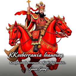 Guan Gong, the legendary Chinese general, is majestically portrayed riding a red horse