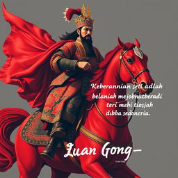 Guan Gong, the legendary Chinese general, is majestically portrayed riding a red horse