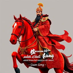 Guan Gong, the legendary Chinese general, is majestically portrayed riding a red horse