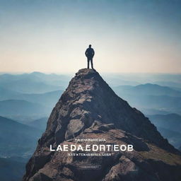 Create a visually striking poster emphasizing the concept of leadership. Include prominent text about leadership qualities, an inspiring backdrop and symbolic artwork, such as a person standing on a mountain top.