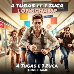 An action movie poster for '4 Tugas e 1 Zuca: Longchamp' showcasing a dynamic scene of five characters running through a bustling mall