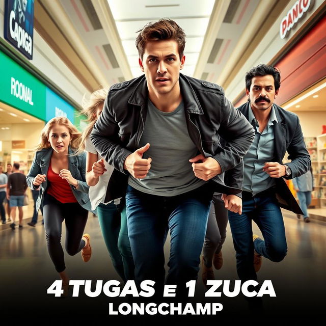 An action movie poster for '4 Tugas e 1 Zuca: Longchamp' showcasing a dynamic scene of five characters running through a bustling mall