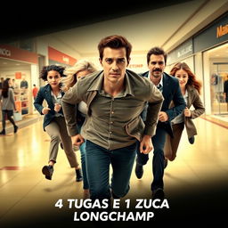 An action movie poster for '4 Tugas e 1 Zuca: Longchamp' showcasing a dynamic scene of five characters running through a bustling mall