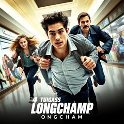 An action movie poster for '4 Tugas e 1 Zuca: Longchamp' showcasing a dynamic scene of five characters running through a bustling mall