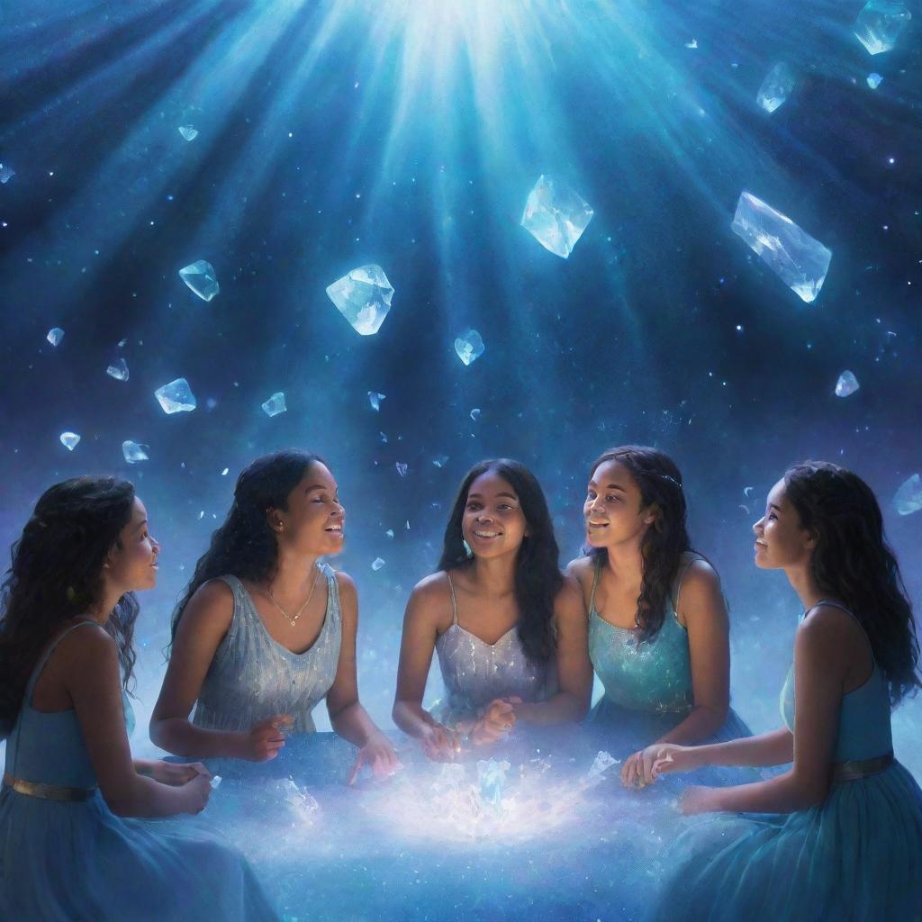 An artistic rendering of a group of girls engaged in a lively debate amidst an enchanted, magical space filled with nebulous lights, floating crystals, and azure mystic mists.