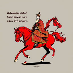 A t-shirt design featuring Guan Gong riding a red horse, donning Majapahit royal attire inspired by Patih Gadjah Mada