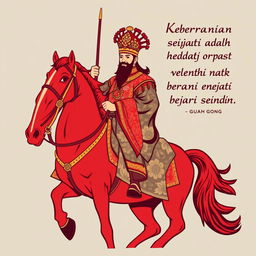 A t-shirt design featuring Guan Gong riding a red horse, donning Majapahit royal attire inspired by Patih Gadjah Mada