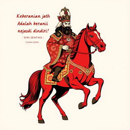 A t-shirt design featuring Guan Gong riding a red horse, donning Majapahit royal attire inspired by Patih Gadjah Mada