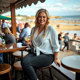 A curvy blonde woman with her hair styled in a sexy plait, sitting in a cafe overlooking the beach at Lyme Regis