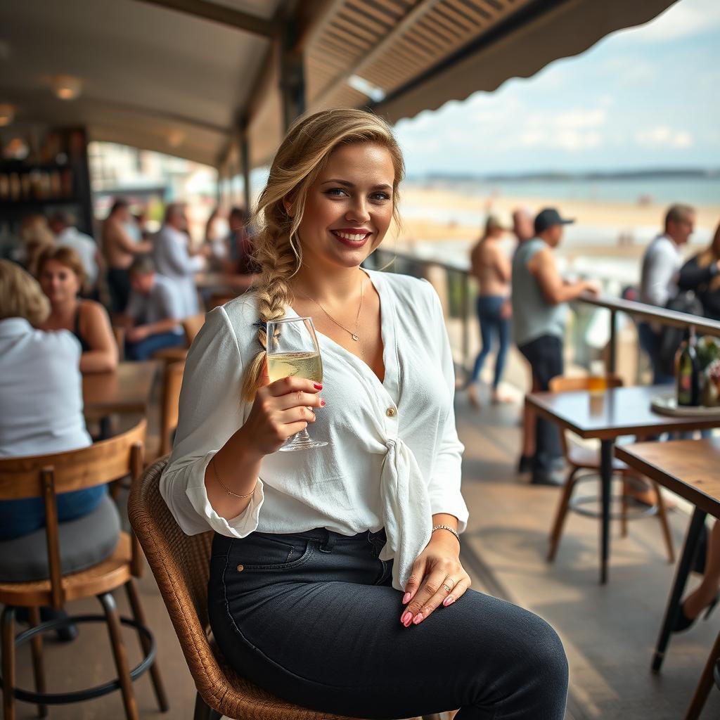 A curvy blonde woman with her hair styled in a sexy plait, sitting in a cafe overlooking the beach at Lyme Regis