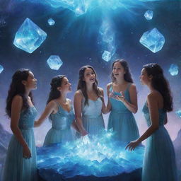 An artistic rendering of a group of girls engaged in a lively debate amidst an enchanted, magical space filled with nebulous lights, floating crystals, and azure mystic mists.