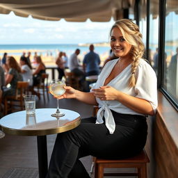 A curvy blonde woman with her hair styled in a sexy plait, sitting in a cafe overlooking the beach at Lyme Regis