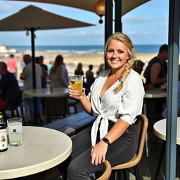 A curvy blonde woman with her hair styled in a sexy plait, sitting in a cafe overlooking the beach at Lyme Regis