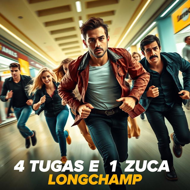 An action movie poster for '4 Tugas e 1 Zuca: Longchamp' featuring a thrilling scene of five characters running through the vibrant interior of a shopping mall