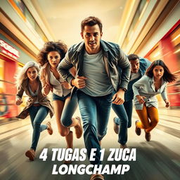 An action movie poster for '4 Tugas e 1 Zuca: Longchamp' featuring a thrilling scene of five characters running through the vibrant interior of a shopping mall