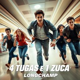 An action movie poster for '4 Tugas e 1 Zuca: Longchamp' featuring a thrilling scene of five characters running through the vibrant interior of a shopping mall