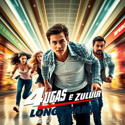 An action movie poster for '4 Tugas e 1 Zuca: Longchamp' featuring a thrilling scene of five characters running through the vibrant interior of a shopping mall