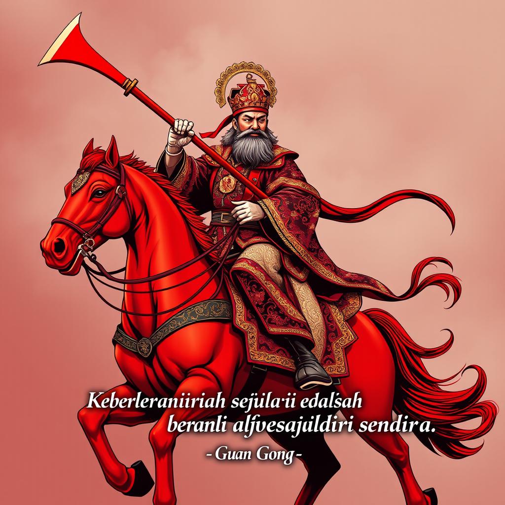 A captivating t-shirt design featuring Guan Gong riding a red horse and wielding a large traditional Chinese saber, wearing Majapahit royal attire similar to Patih Gadjah Mada