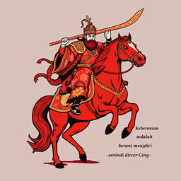 A captivating t-shirt design featuring Guan Gong riding a red horse and wielding a large traditional Chinese saber, wearing Majapahit royal attire similar to Patih Gadjah Mada