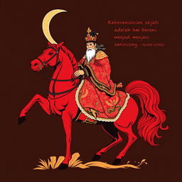 A captivating t-shirt design featuring Guan Gong riding a red horse and wielding a large traditional Chinese saber, wearing Majapahit royal attire similar to Patih Gadjah Mada