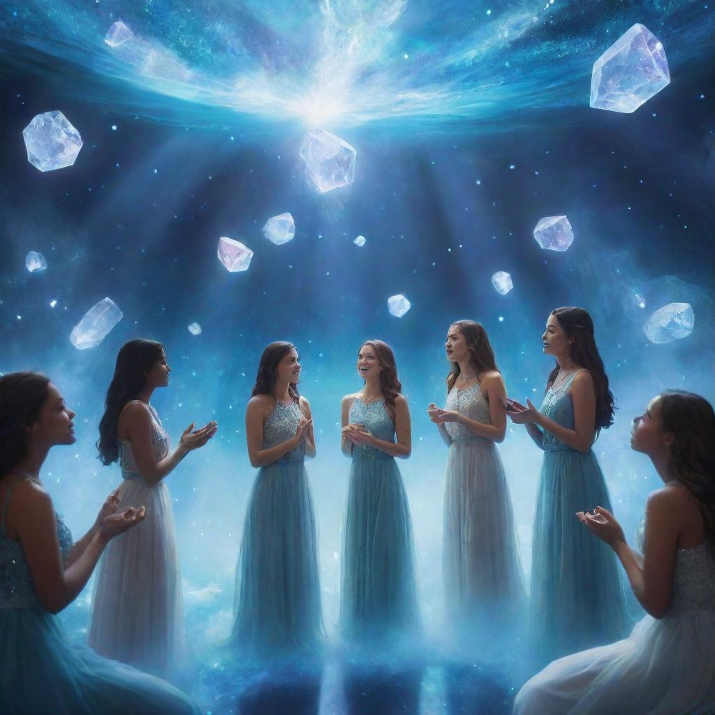 An artistic rendering of a group of girls engaged in a lively debate amidst an enchanted, magical space filled with nebulous lights, floating crystals, and azure mystic mists.