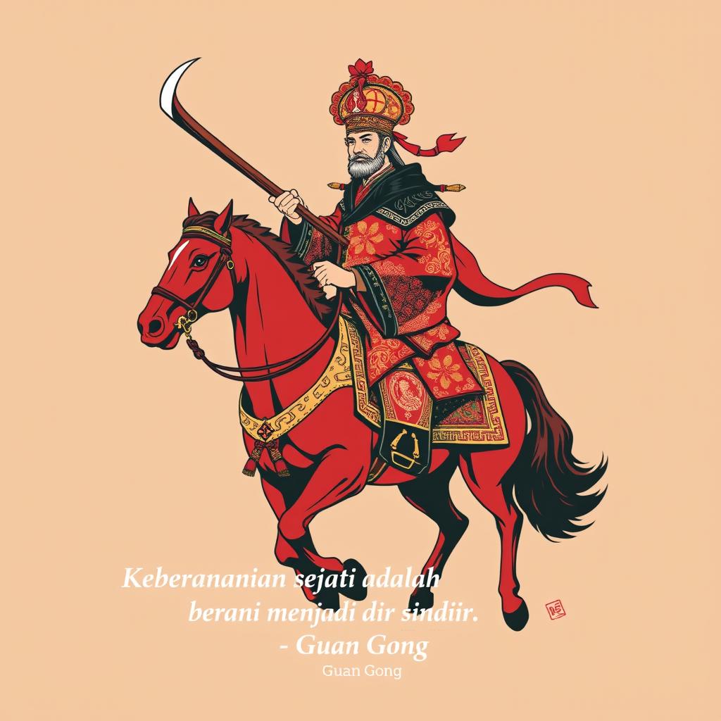 A captivating t-shirt design featuring Guan Gong riding a red horse and wielding a large traditional Chinese saber, wearing Majapahit royal attire similar to Patih Gadjah Mada