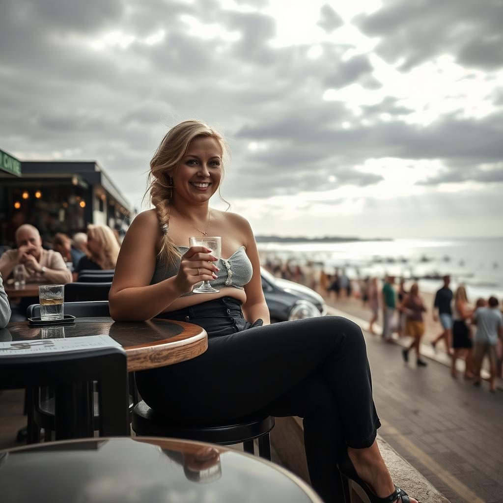 A curvy blonde woman with her hair styled in a sexy plait, sitting in a cafe overlooking the beach at Lyme Regis