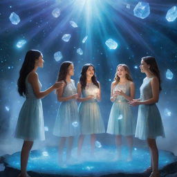 An artistic rendering of a group of girls engaged in a lively debate amidst an enchanted, magical space filled with nebulous lights, floating crystals, and azure mystic mists.