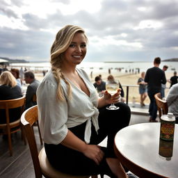 A curvy blonde woman with her hair styled in a sexy plait, sitting in a cafe overlooking the beach at Lyme Regis