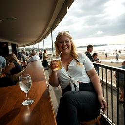 A curvy blonde woman with her hair styled in a sexy plait, sitting in a cafe overlooking the beach at Lyme Regis